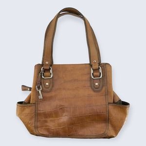 Fossil Brown Leather Reptile Crocodile 3 Section Zip Snap Large Shoulder Bag